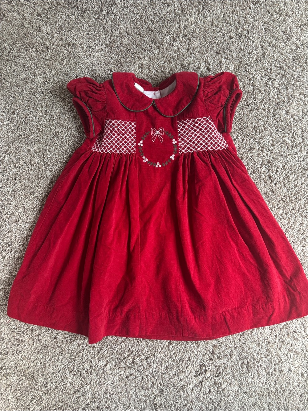 Red Velvet Smocked Girls' Dress with Peter Pan Collar